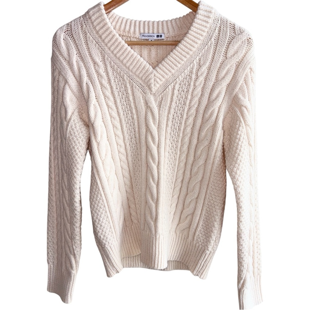 Uniqlo x JW Anderson Preppy Tenniscore V-Neck Cable-knit Sweater Sz Medium Ivory